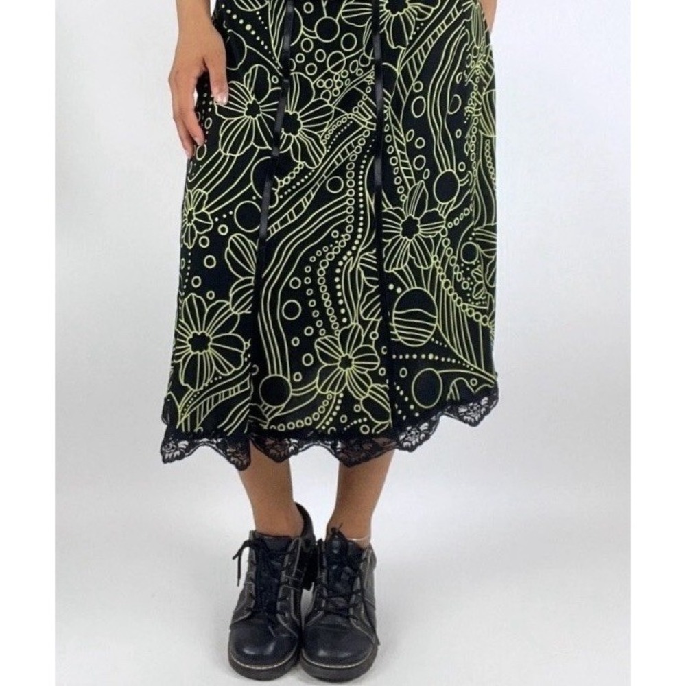 Vintage Y2K Black & Green Floral Lace Fairy Grunge Whimsigoth Skirt L